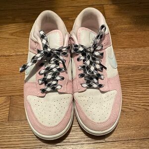 Nike womens pink + cream suede dunks